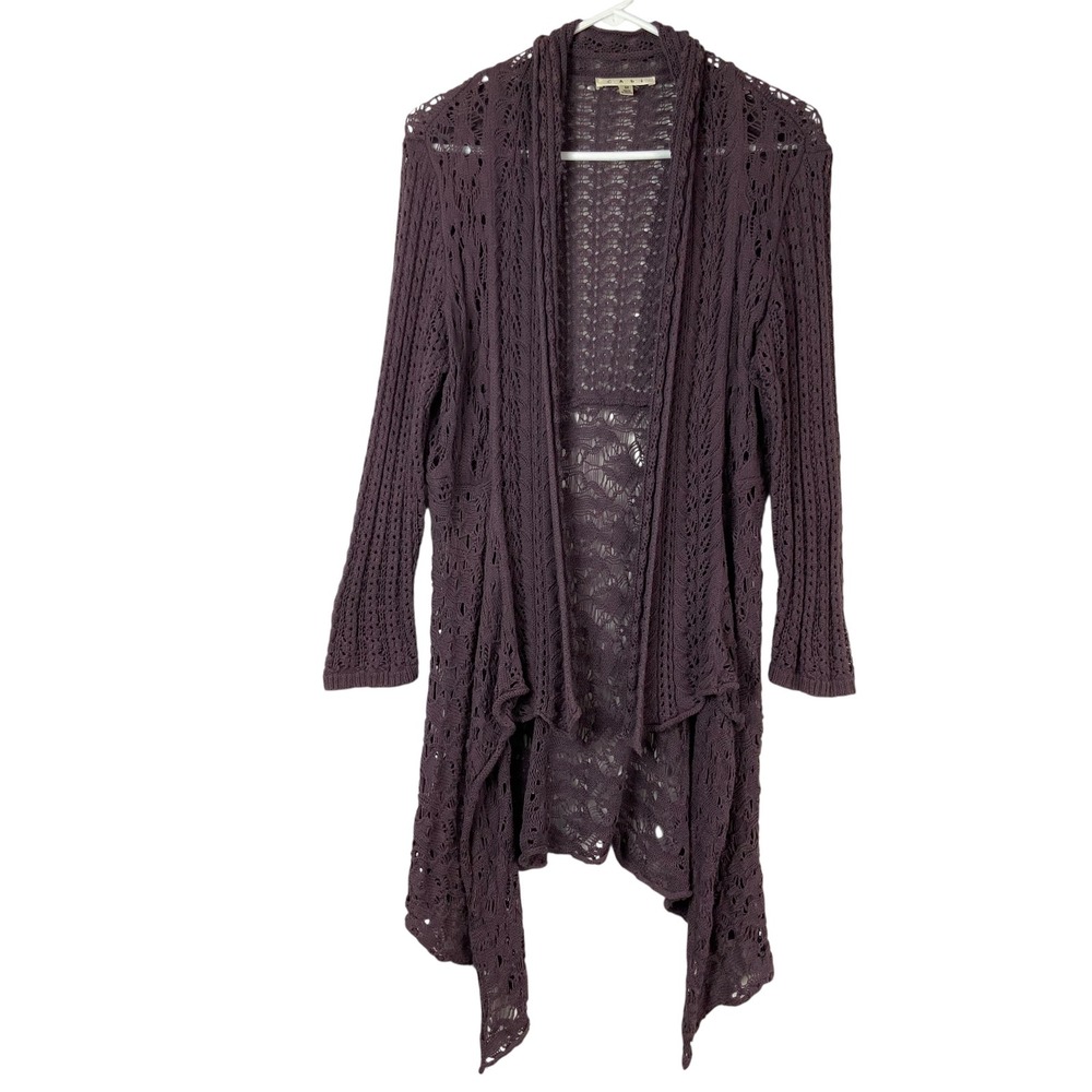 Cabi Plum Purple Pointelle Knit Cardigan M Open Front Shawl Long Sleeve Drape